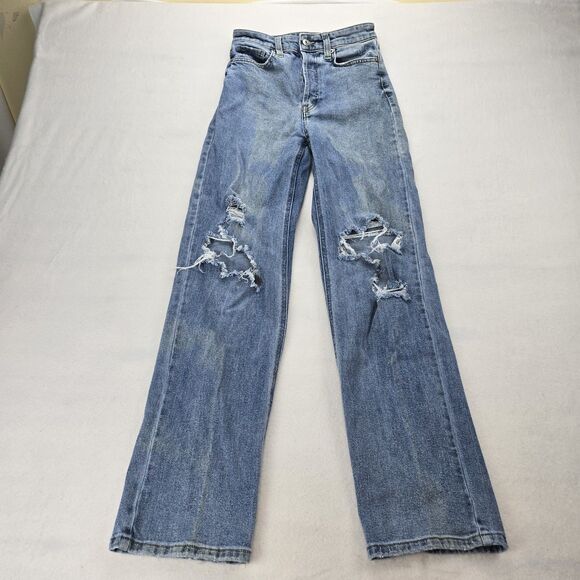 Wild Fable Super High Rise Straight Button Fly Distressed Women size 0 Blue Jean - Picture 1 of 5